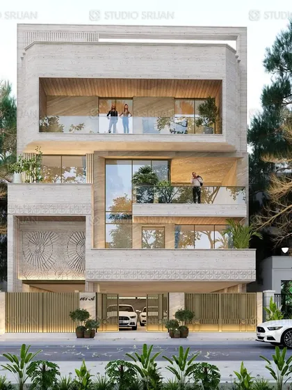 A daytime render of a 400 sq. yard home in Sushant Lok, Gurgaon. The facade is clad in light-colored stone, with deep, recessed balconies that provide shade and create a sense of depth and solidity.