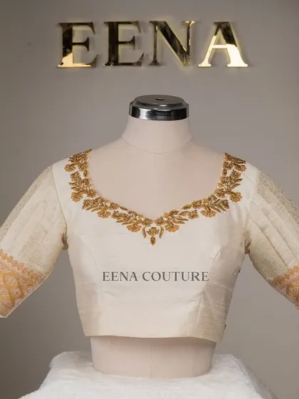 This video showcases an ivory-toned blouse with pleated puff sleeves and gold embroidery. It highlights the intricate handwork and traditional materials that go into every piece I create for my brides.