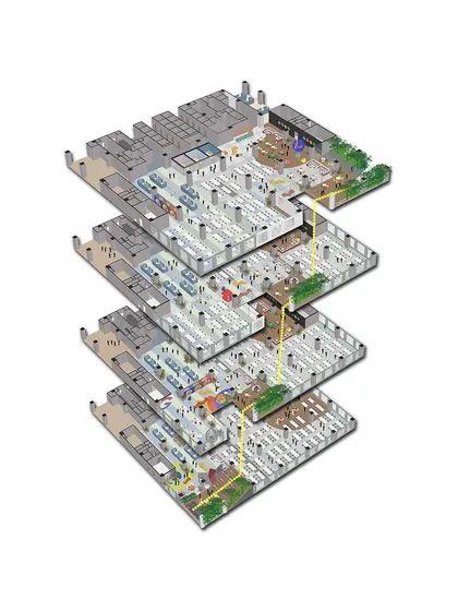 A stacked floor plate diagram for our 'Urban Ladder' office concept. This drawing illustrates how the green terraces and social spaces create a continuous "urban ladder" that climbs up the side of the building.