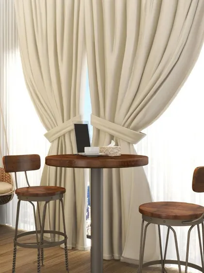 A 3D render of a cozy corner with a small table and chairs by a large window with elegant curtains, perfect for a morning coffee.