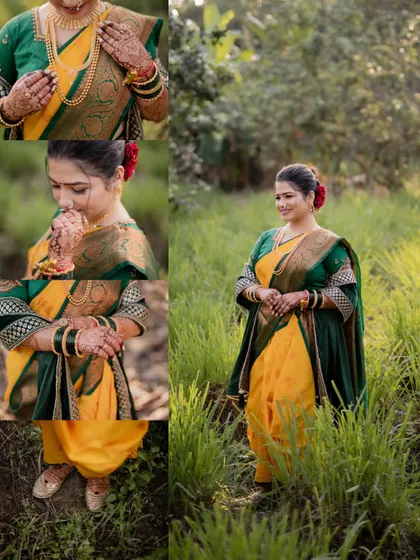 A collage of the bride in a lush green field, showing her beautiful traditional saree and serene expressions.