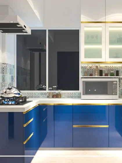 From our 'Majestic Fortune' project, this U-shaped kitchen features bold blue cabinets with gold trim, paired with a beautiful patterned tile backsplash. It's a fresh take on a traditional color palette.