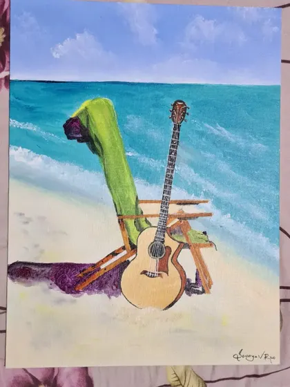 A third take on the guitar theme, this painting imagines the instrument relaxing on a beach. It's a great example of how art can be used to tell a story.