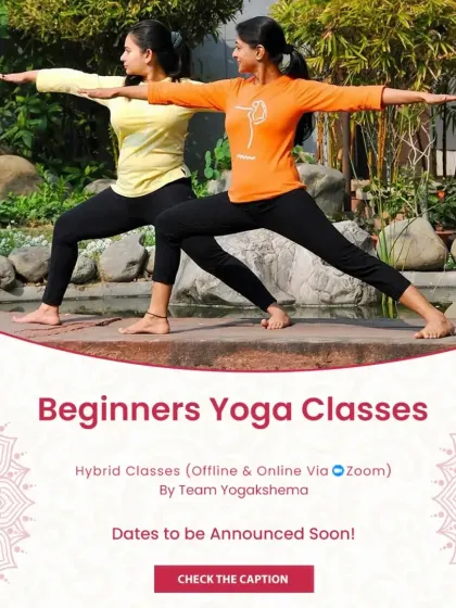 This is an announcement for our hybrid beginner yoga classes. The image of two students practicing Warrior II in our serene outdoor space is an invitation to join us and find your balance.