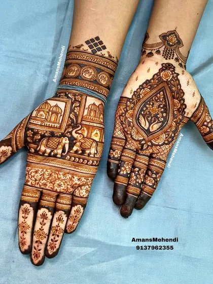 The reverse view of the previous design, showing both intricate hands together. This is a great example of telling a story across two palms.