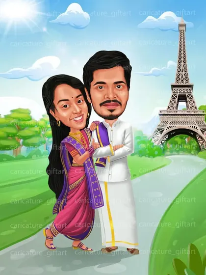 A romantic 'Save the Date' caricature with the Eiffel Tower in the background. It's a great way to announce your wedding, especially if you have a love for travel or a special connection to Paris.