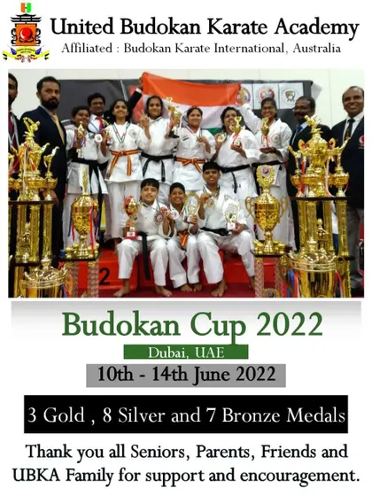 A proud moment for UBKA at the Budokan Cup 2022 in Dubai. Our team stands victorious with a remarkable collection of trophies and medals, a testament to their skill and dedication in an international arena.