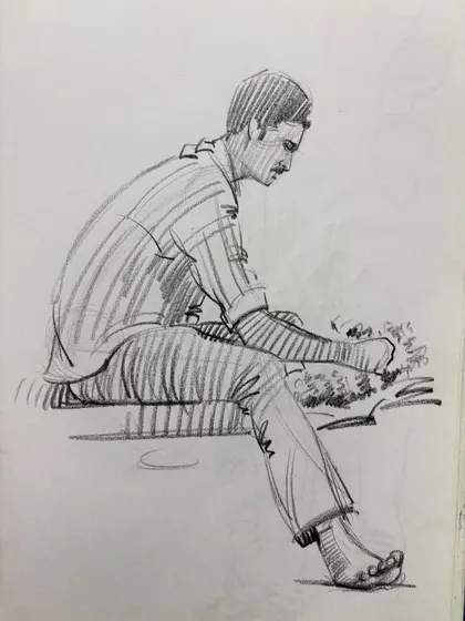 A sketch from a practice class, showing a man seated and looking to the side.