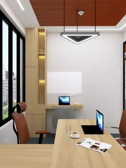 This is a 3D design for a private director's cabin in a Noida office. I focus on creating a space that is both professional and comfortable, featuring a functional layout, smart storage solutions, and modern lighting. You see exactly what you'll get.