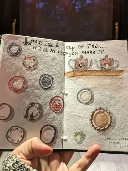 "Life is like a cup of tea, it's all in how you make it." The finished journal spread from my visit to Rokeby Manor, a memory I can now keep forever.