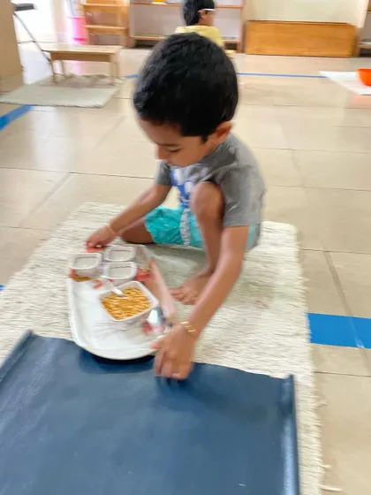 Spooning grains from one bowl to another is an early practical life activity. It isolates the wrist movement needed for writing and helps children develop control, precision, and the ability to complete a task from start to finish.