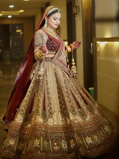 My bride Bharti, looking absolutely stunning in her heavily embroidered lehenga.