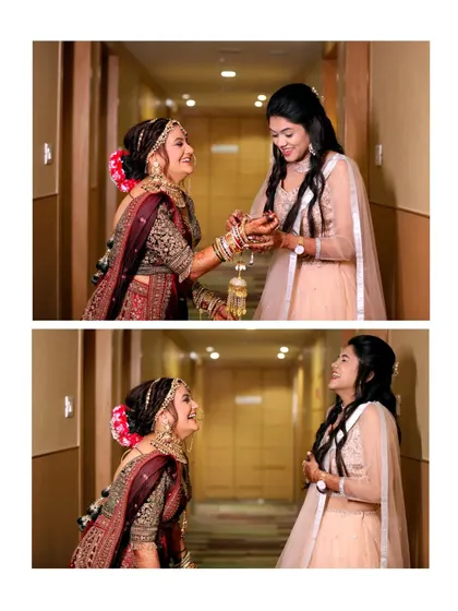 A two-panel collage showing the bride and bridesmaid sharing a laugh. These candid moments are a testament to their close bond.