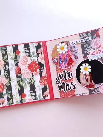 A page from a "Mr & Mrs" themed scrapbook, using floral patterns and bold stripes to highlight wedding photos.