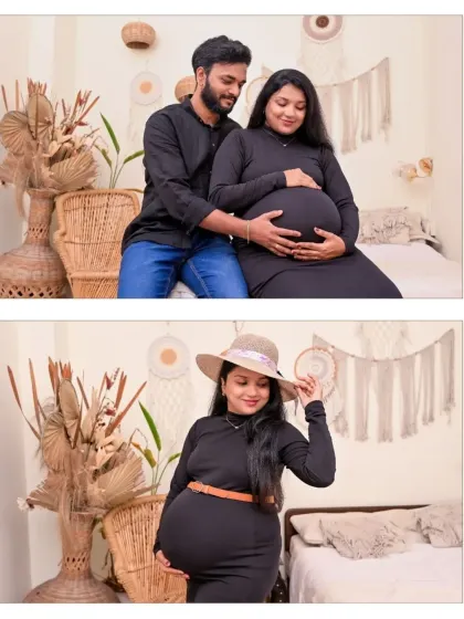 Two more beautiful moments from a Boho-themed shoot. One is a loving couple's portrait, and the other is a stylish solo shot of the mom-to-be with a hat, showing different facets of the session.