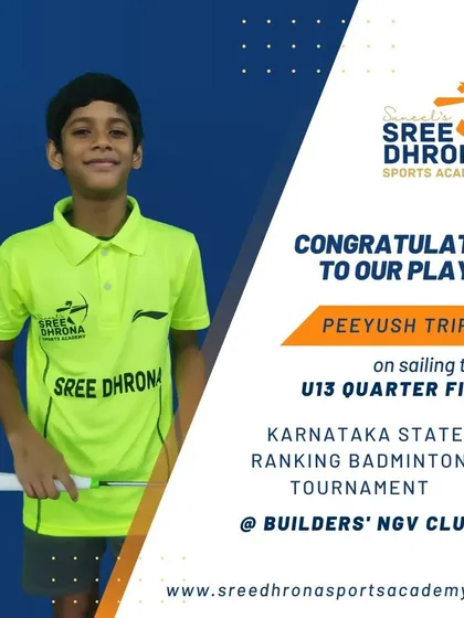 Congratulations to our player Peeyush Tripathy for reaching the U13 quarter-finals at the Karnataka State Ranking Badminton Tournament.