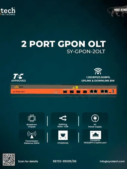 Our 2 Port GPON OLT (SY-GPON-2OLT) is a compact and high-performing solution for smaller network environments. It is TEC-approved and supports "Triple-Play" services, VPN, IP cameras, and enterprise LAN applications, offering flexible and easy deployment.