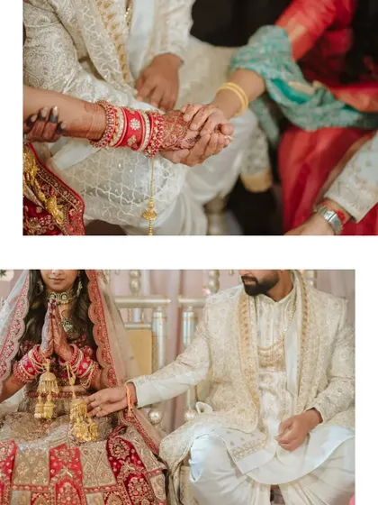 Close-up shots of the wedding rituals, focusing on the joining of hands and the bride's prayer.