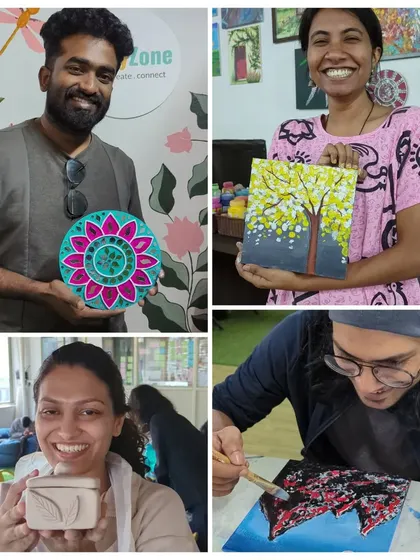 A collage from a weekend workshop, featuring a participant proudly holding his finished pottery piece.