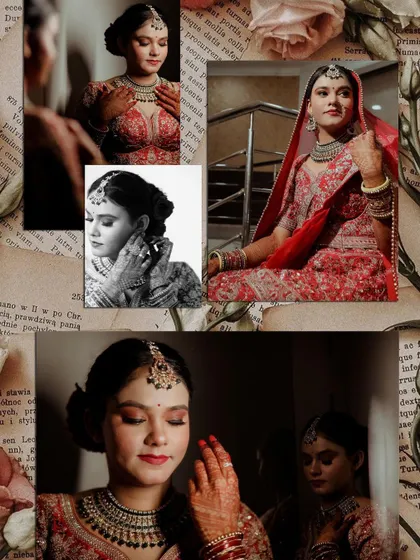A vintage-inspired collage of bridal portraits, featuring getting-ready moments. The scrapbook aesthetic with paper textures and floral elements gives it a romantic, nostalgic feel.