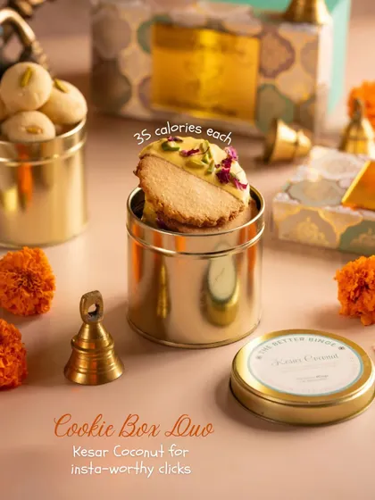 Our Kesar Coconut cookies are not only delicious but also beautiful, making them perfect for insta-worthy clicks during the festive season. And they're only 35 calories each!
