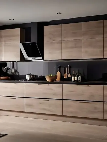 This kitchen uses a light, weathered wood finish for all the cabinetry, creating a cohesive and natural aesthetic. The handleless design keeps the focus on the beautiful texture of the wood.