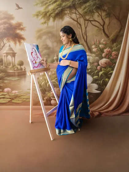 An artistic concept where the mom-to-be, dressed in a beautiful blue saree, is painting a picture of a goddess, connecting creativity and motherhood.