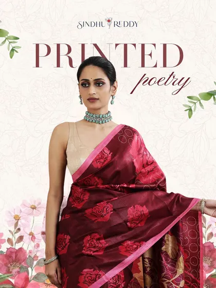 This graphic beautifully frames our maroon floral saree, a key piece from our "Printed Poetry" collection.