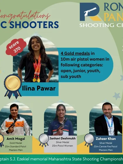 A clean sweep of four gold medals for Ilina Pawar in the 10m Air Pistol women's category at the Maharashtra State Shooting Championship. Her dominance across open, junior, youth, and sub-youth categories is exceptional.