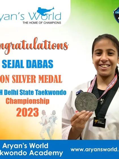 Sejal Dabas with her Silver Medal from the 39th Delhi State Taekwondo Championship 2023.