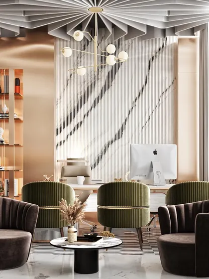 The client seating area within the executive office. This render details the comfortable yet formal furniture arrangement against a backdrop of a marble feature wall and custom shelving.
