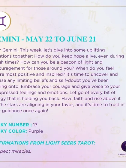 A weekly tarot prediction for Gemini. This week, let's dive into some uplifting questions together. It's time to uncover and release any limiting beliefs and self-doubt you've been holding onto. The stars are aligning in your favor.