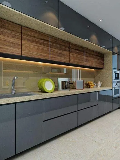 I love the contrast between the glossy grey base cabinets and the warm wood upper cabinets in this design. It's a modern look that still feels warm and inviting.