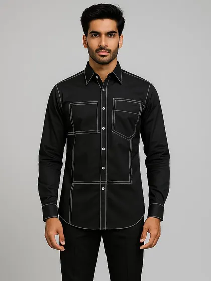 This medium shot provides a clear and direct view of the shirt's design, perfect for clients evaluating the pattern and fit of this custom piece.
