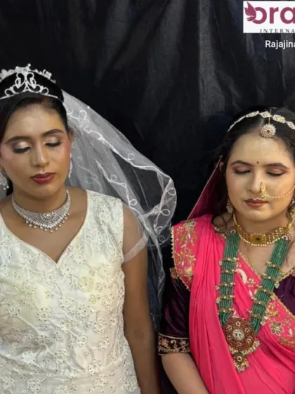 A closer look at the two distinct bridal styles, showcasing the soft elegance of the Christian bride and the vibrant colors of the Rajasthani bride.