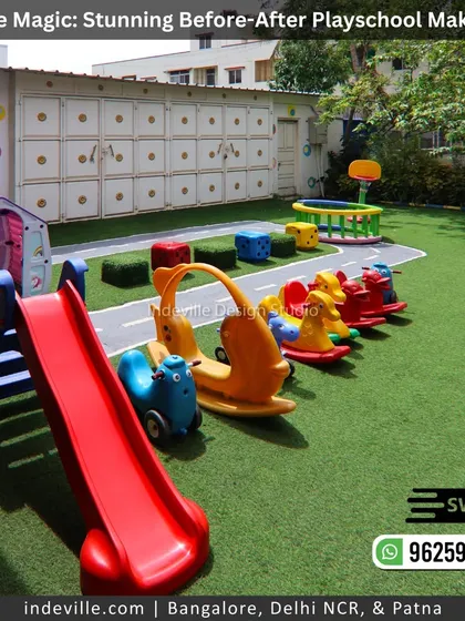 A before-and-after look at a preschool's front yard. I completely renovated the space, installing high-quality artificial turf, vibrant and safe play equipment, and adding a splash of color to the exterior walls.