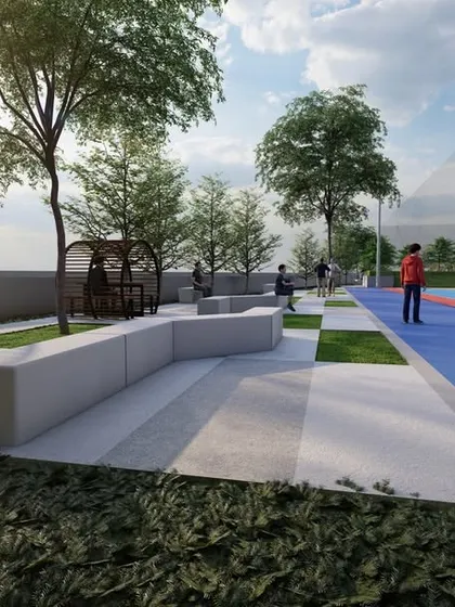Seating pods and benches line the sports courts at Casagrand Southbrooke, providing comfortable viewing areas for spectators and a place for players to rest.