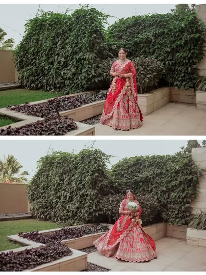A diptych of the bride in the garden, one shot standing and one holding her bouquet.