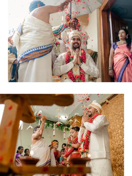 A collage of the groom's arrival and blessings during the wedding ceremony.