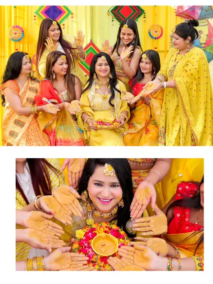 A collage showing the bride surrounded by her loved ones at her Haldi. The top photo shows her with her bridesmaids, and the bottom one is an artistic shot of hands applying haldi.