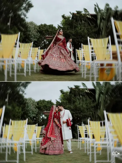 A diptych showing the bride twirling in her red lehenga and a romantic moment with her groom in the wedding aisle.