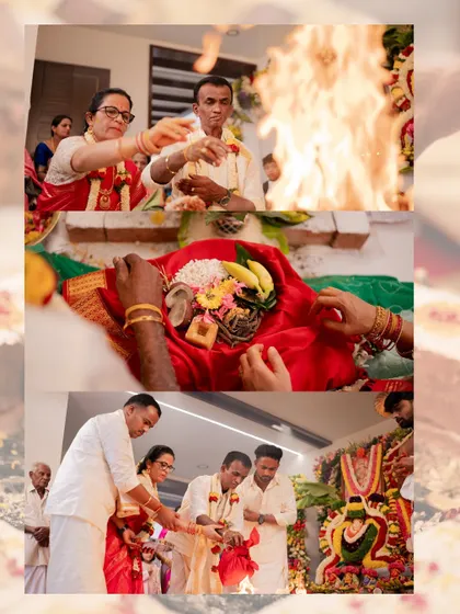 A collage showcasing key moments of a Gruha Pravesha puja, including the sacred fire (homa) and offerings, telling the story of the ceremony.
