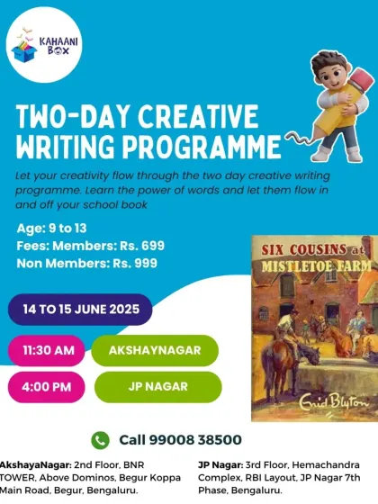 This poster details our two-day creative writing program inspired by Enid Blyton's Mistletoe Farm. The workshop covers everything from descriptive writing to editing.