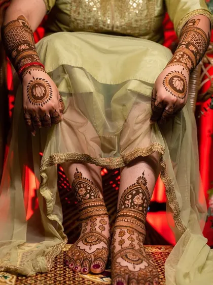 A beautiful design for both hands and feet, featuring matching mandala motifs. This creates a cohesive and elegant look for the bride.
