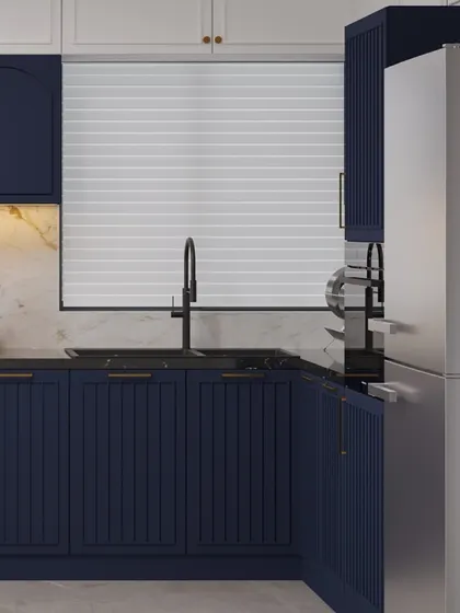 A close-up render of a kitchen with classic navy blue cabinets, a black granite countertop, and a modern black faucet.