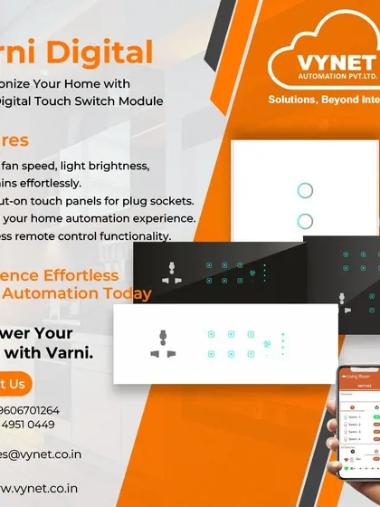 Our Varni Digital Touch Switch Modules offer a sleek, glass-cut touch panel for controlling fan speed, light brightness, and curtains. We provide these systems for an elevated and effortless home automation experience.