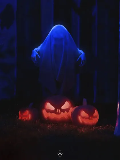 A close-up Halloween scene with a ghost figure and glowing pumpkins. The focus here was on creating a spooky but also slightly playful atmosphere, using the blue glow on the ghost and the orange light from the pumpkins.
