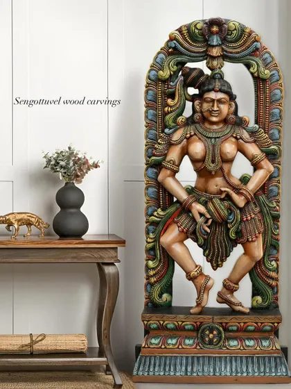 This life-sized 5-foot dancing Apsara is one of our most sought-after pieces. Finished with vibrant, hand-painted colors, she embodies celestial grace and makes a stunning statement in any large interior space.