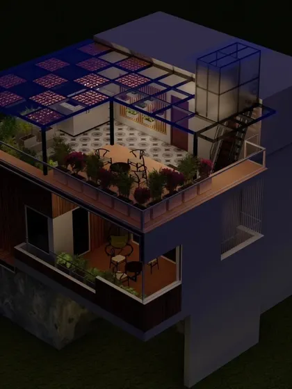 This 3D model provides a complete structural overview of a multi-level home extension, including the terrace pergola, balcony, and staircase, ensuring every element is integrated.