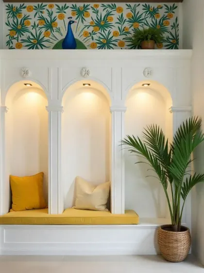 This AI-generated design explores an Indian-themed alcove with a peacock and floral wallpaper. The concept combines traditional patterns with architectural features like arched niches to create a culturally rich and elegant seating area.